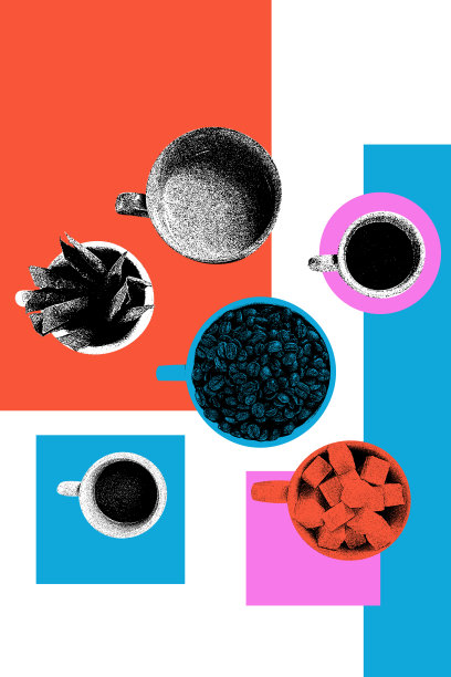 喝咖啡的时间。平的。咖啡杯，新鲜谷物，糖和肉桂为您的饮料丰富的味道。五颜六色的设计。图片下载