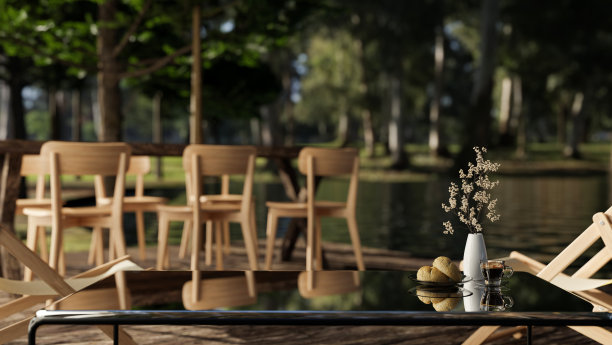 在一个美丽的绿色森林里，用一张餐桌的模糊背景复制咖啡桌上的空间图片下载