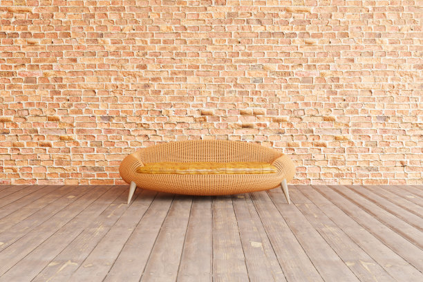3 d演示。一张棕色藤椅的正面。当代设计，随意，自然，装饰家具在客厅，砖墙背景。图片下载