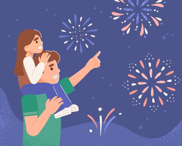 父亲和女儿看烟花在傍晚的天空。图片下载