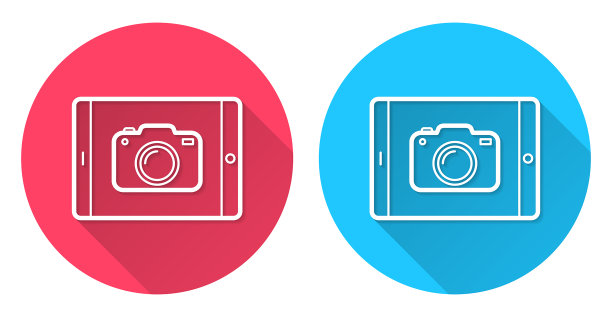 带摄像头的平板电脑。圆形图标与长阴影在红色或蓝色的背景图片下载