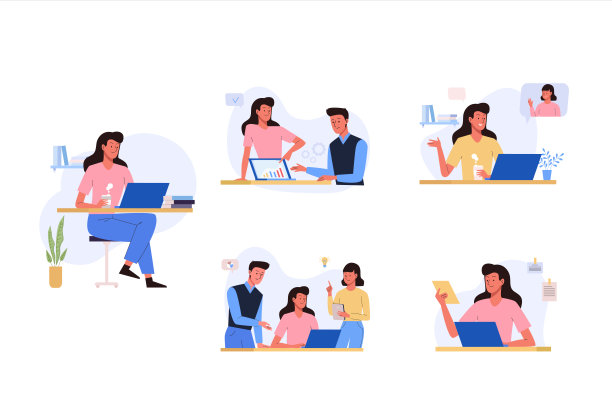 办公流程设置。女人坐在桌子旁，拿着笔记本电脑，和同事交流，在仪表板上讨论项目图片下载