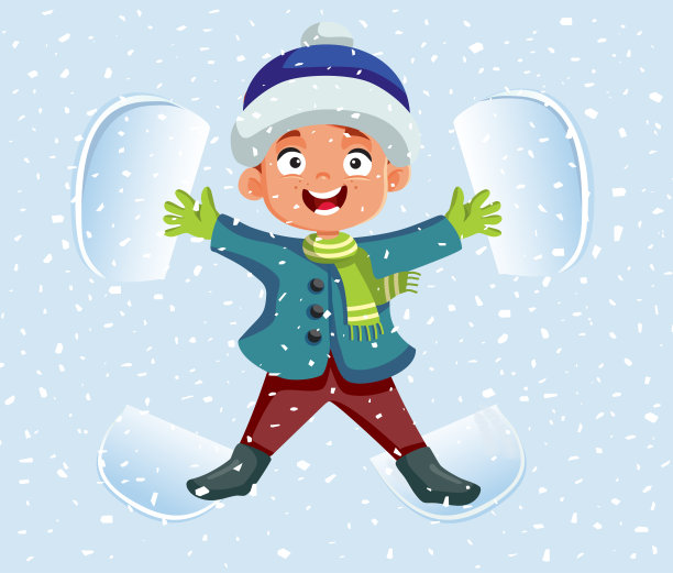 快乐的男孩制作雪天使矢量卡通插图人物图片下载