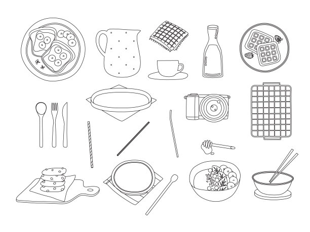 内衬各种菜式食物元素。比利时华夫饼，巧克力饼干，沙拉，面包吐司。图片下载