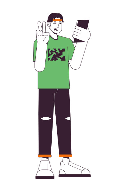 使用小工具的快乐亚洲男人扁平线条颜色矢量人物图片下载