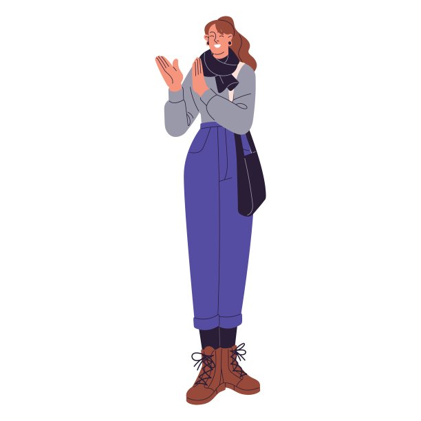 年轻女子背着包，穿着温暖的秋装。女孩站着，微笑着，拍着手，用掌声支持。人们鼓掌，祝贺成功。平面隔离矢量插图上的白色图片下载