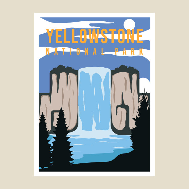 黄石国家公园海报矢量插图模板平面设计。瀑布在大自然中优美的景观，标志着旅游观光的经营理念图片下载