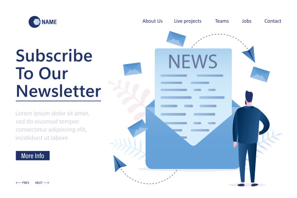 订阅我们的时事通讯，登陆页面模板。商人检查和阅读电子邮件。商务往来，人读信。男主角靠近大打开的信封。新消息图片下载