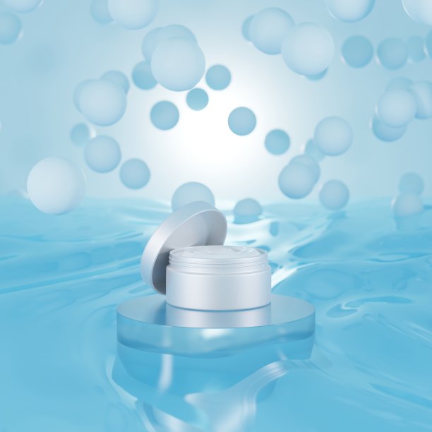 白面霜精华液装于一罐湿蓝色底水中，用于护肤。天然化妆品，保湿。三维渲染图片下载