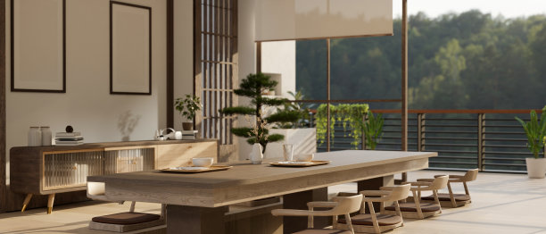 一个现代的，极简主义的日本餐厅，配有传统的日本休闲桌椅。图片下载