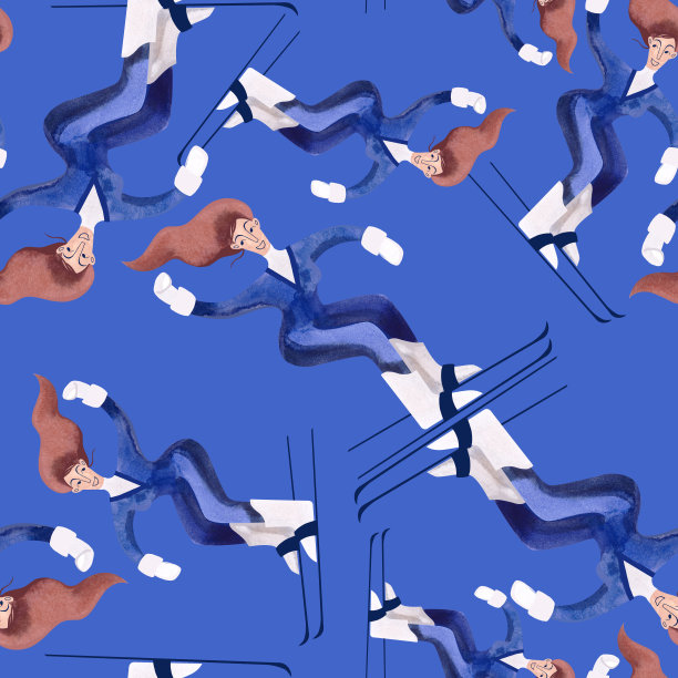 与滑雪者水彩无缝模式。冬天的纺织品。运动服装。滑雪胜地纪念品的包装纸。蓝色背景图片下载