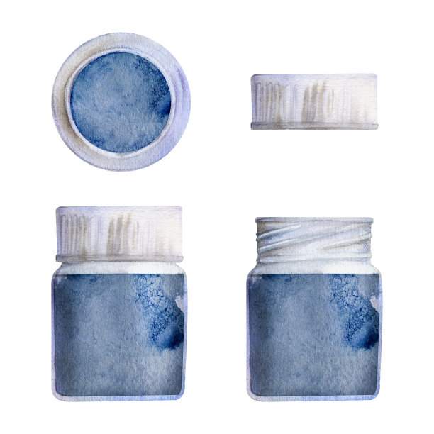 水彩画手绘插画，儿童儿童颜料材料用品，蓝靛蓝彩瓶带盖，可关闭可打开。孤立在白色上的单个物体。学校，商店，聚会，卡片，网站图片下载