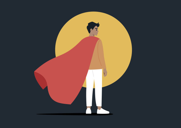 一个角色站在聚光灯下，穿着充满活力的红色超级英雄斗篷，背景是黑暗的图片下载