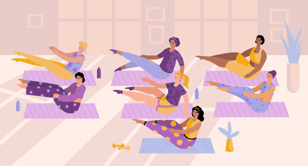 不同的运动女性坐在垫子上一起做瑜伽练习图片下载