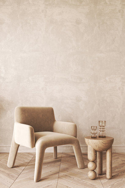 日本波西米亚米色室内与椅子和灰泥背景。光线现代澳大利亚客厅与创意组成。3 d渲染。高质量3d插图图片下载