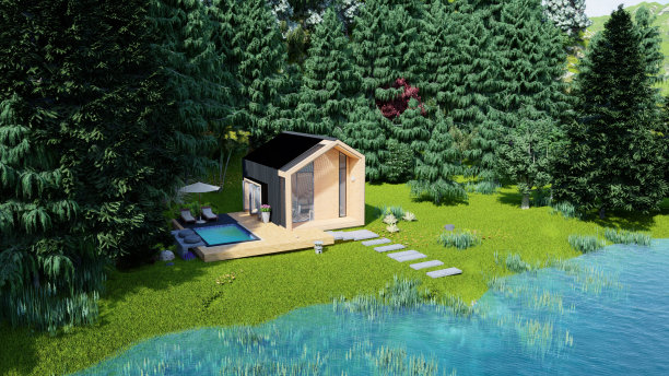 北欧风格的房子，前面有湖景。被自然包围，3D设计。图片下载