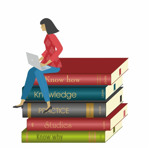 拿着笔记本电脑坐在一堆书上的女人。孤立。矢量插图。图片下载