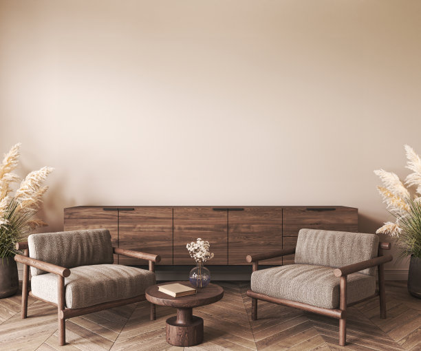 日本波西米亚米色室内与扶手椅和马桶的背景。轻现代澳大利亚客厅。空棕色墙的模型。3 d渲染。高质量3d插图图片下载