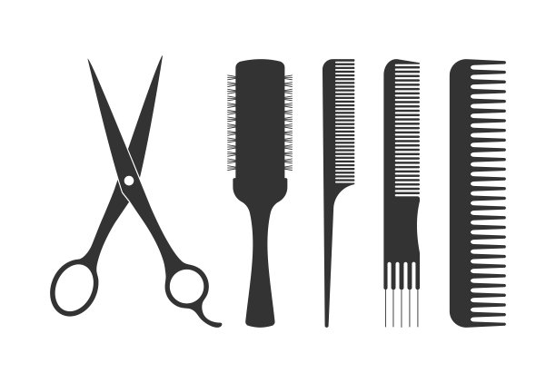 美发工具剪影集。理发和造型矢量平面元素。图片下载