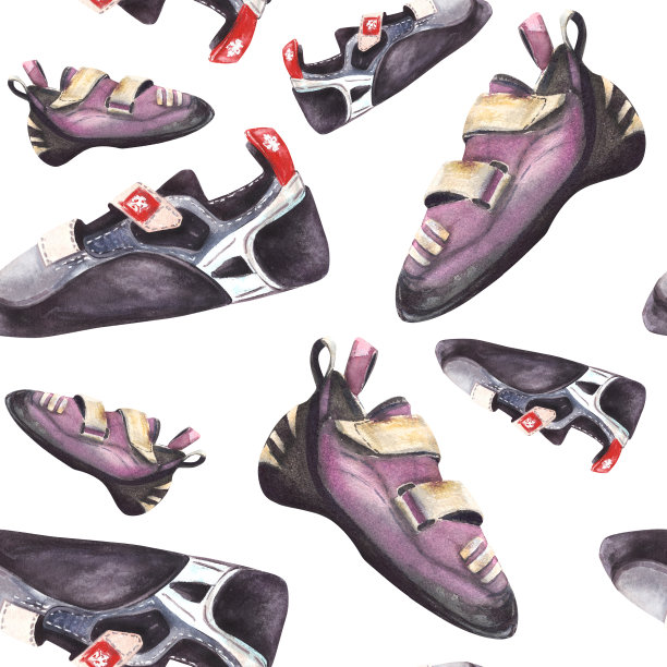 攀岩石鞋，不同的颜色和尺寸，无缝图案。水彩插图图片下载