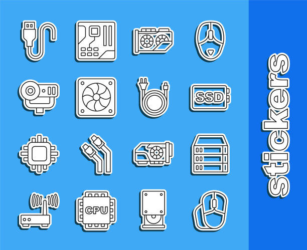设置线电脑鼠标，服务器，数据，网络托管，SSD卡，视频图形，冷却器，相机，USB电缆和电源插头图标。向量图片下载