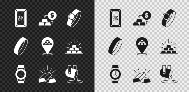 设置金条24k，兑换货币，戒指，手表，熔化的黄金，图标。向量图片下载