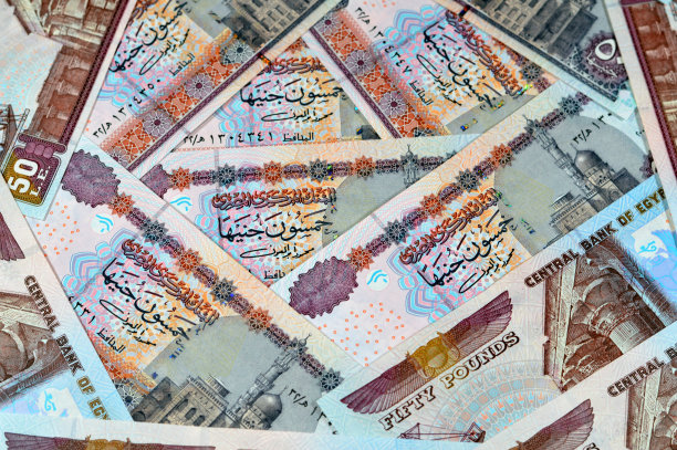 一堆埃及钞票，50埃及镑，正面是阿布·胡拉伊巴清真寺，反面是埃德夫神庙图案图片下载