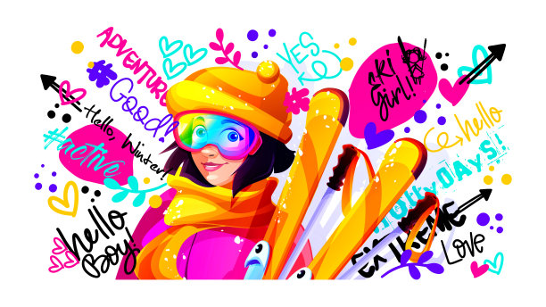 卡通风格的滑雪概念。年轻的女孩滑雪板和彩色短语和铭文在一个白色的背景。特写镜头。图片下载