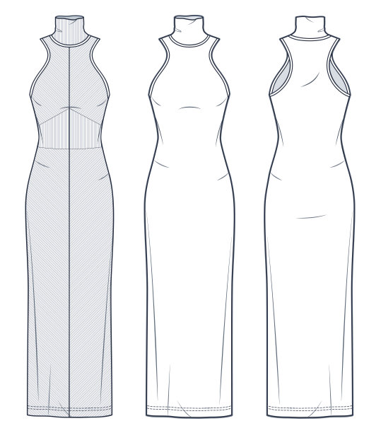 套衫服装技术时尚插画。针织及地长裙时尚平面技术图纸模板，修身，罗纹，卷领，前后视图，白色，女性CAD模型集。图片下载