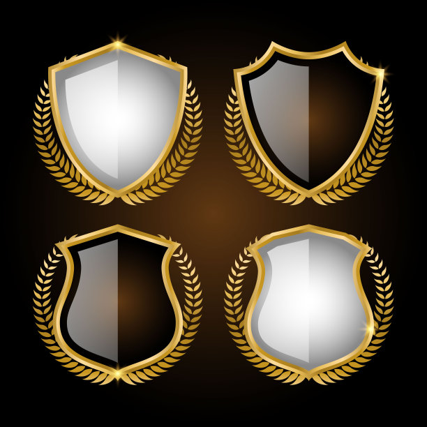 金色盾牌与月桂花环和金色丝带矢量素材图片下载