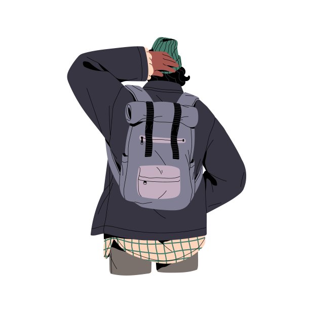 人们旅行时带背包、包，穿着保暖的衣服进行野营、徒步旅行。穿着秋装的人站着。游客思考，解决，做出决定，回头看。平面隔离矢量插图上的白色图片下载