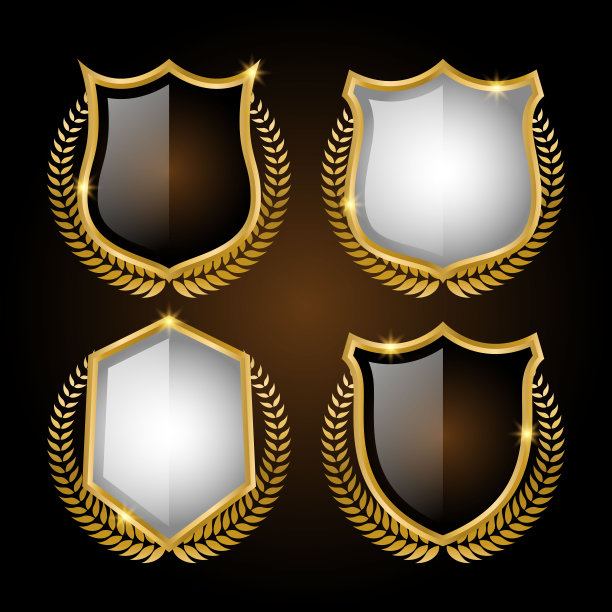 金色盾牌与月桂花环和金色丝带矢量素材图片下载