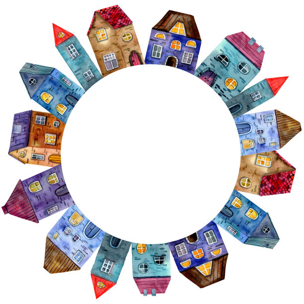 水彩画了一排中世纪的房子。欧洲老城区街道插图。包装纸、商品、背景、织物的设计。装饰性圆形框架。图片下载