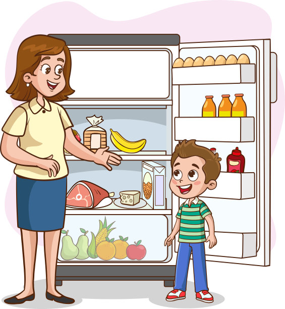 矢量插图的女孩和他的母亲看着冰箱。小女孩向妈妈要冰箱里的果汁。图片下载