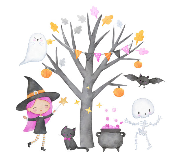 十月派对的万圣节水彩插图，可爱的小女巫，黑猫和骷髅在秋天的树下玩得很开心。背景里的小鬼魂和蝙蝠。儿童卡通插画图片下载