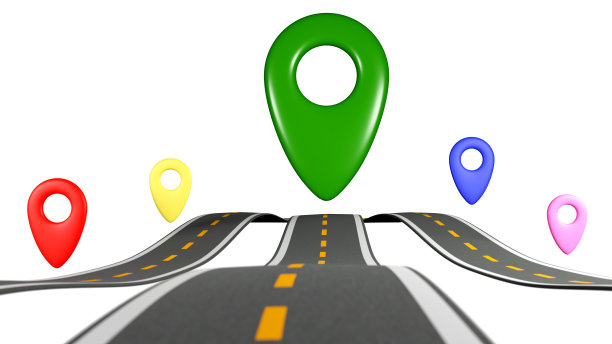 3D渲染地图，带有定位针图标，GPS旅行路线，导航标记，交通地点点，目的地点设计图片下载