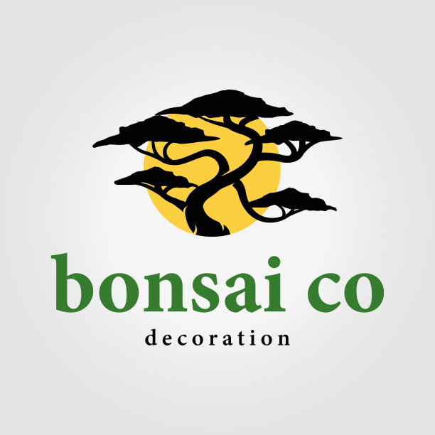 极简主义的盆景符号设计与日落图标，为企业品牌的盆景树的矢量插图图片下载