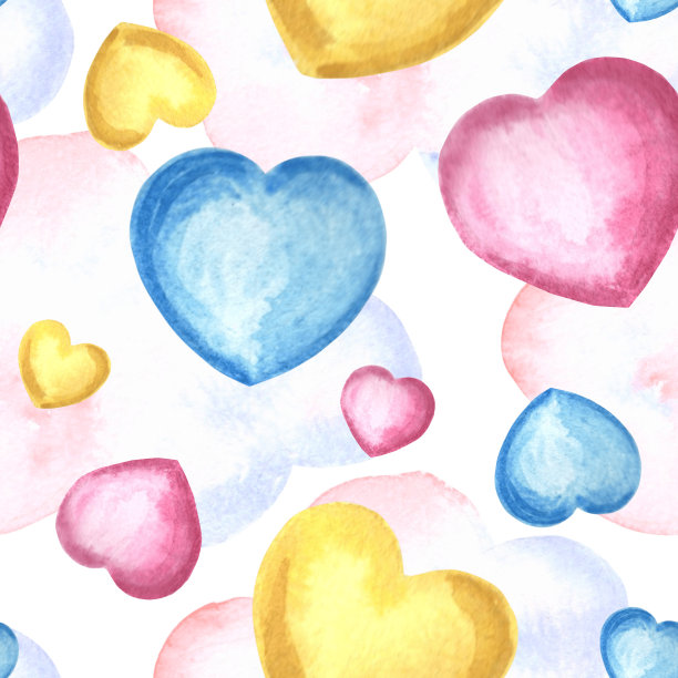 可爱的彩色心和云的无缝图案水彩手绘插画各种设计，装饰背景，孩子的生日和聚会，纺织，包装和包装纸。图片下载
