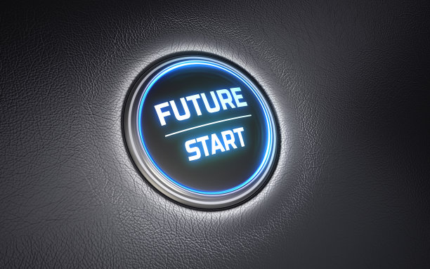 汽车引擎未来启动按钮，蓝色明亮金属黑色皮革地板图片下载