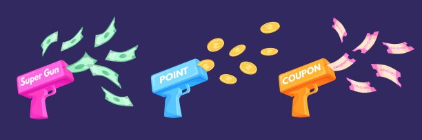 钱的枪。玩具枪机器射击现金纸币硬币或折扣券，金融雨利益点头奖奖励游戏飞落美元事件公告整洁的矢量插图图片下载
