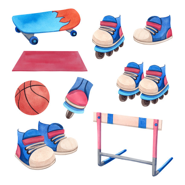 一套运动鞋，旱冰鞋，滑板，障碍，尖塔追逐，红色垫子。水彩插图在一个孤立的背景。健康的生活方式，极限运动。图片下载
