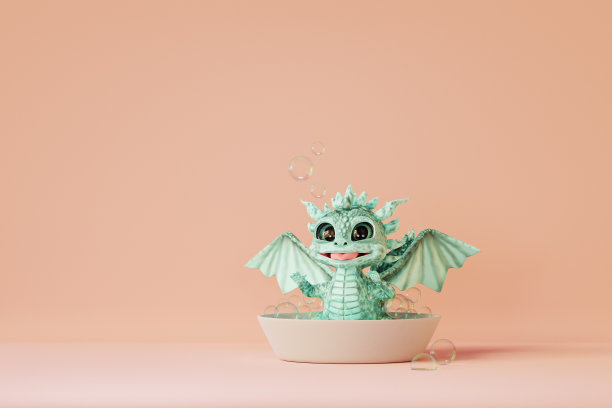 可爱的卡通小龙洗澡和捕捉肥皂泡。三维渲染图片下载