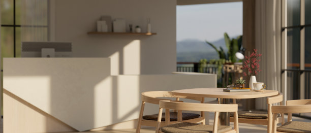 室内设计舒适，极简的大堂或接待区，设有等候桌。图片下载