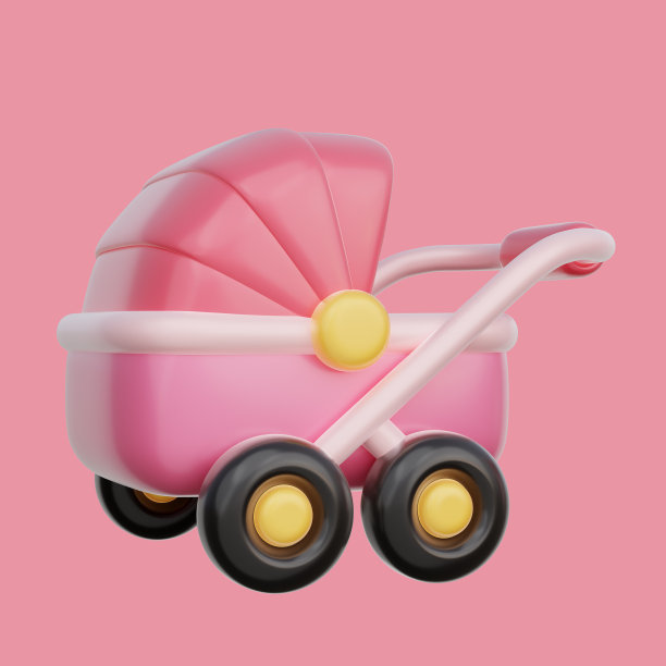 3D粉色婴儿车，宝宝性别揭晓，是女孩，生日派对，3D渲染。图片下载