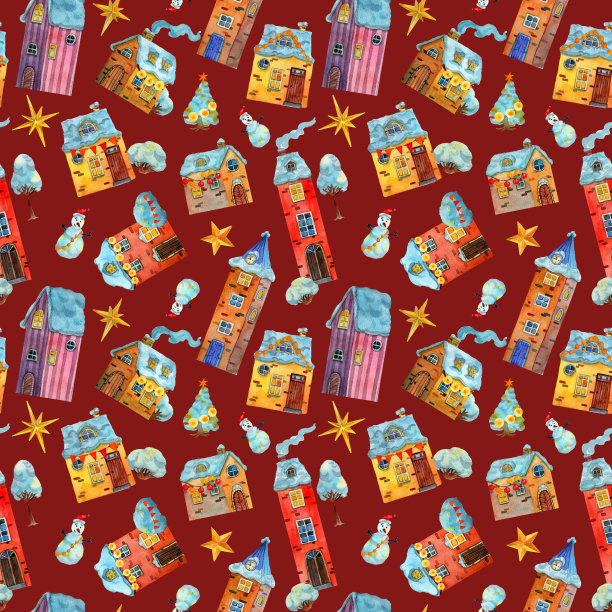 无缝图案水彩绘制冬季中世纪房屋插图，欧洲老城区街道。新年主题包装纸、商品、背景、面料设计。图片下载