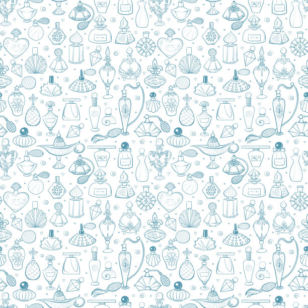 白色背景上的灰色涂鸦香水无缝图案。可用于墙纸，图案填充，纺织品，网页背景，表面纹理。图片下载