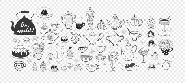 英式茶会涂鸦、糖果和老式茶具。矢量素描插图。图片下载