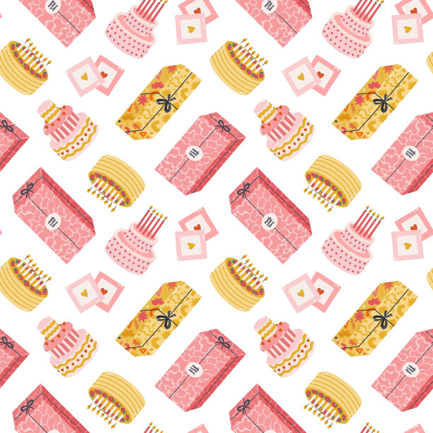 无缝图案与生日蛋糕与蜡烛，礼盒，复古照片在可爱的涂鸦风格。幼稚的设计与节日剪纸包装纸，印刷，织物。明亮的节日背景。图片下载