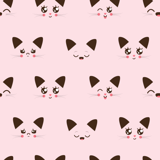 无缝图案与卡通猫面对卡哇伊风格在粉红色的背景图片下载