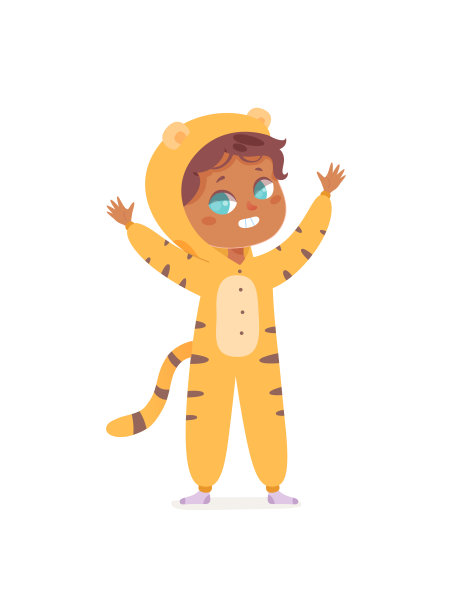 可爱的小男孩穿着老虎服装，快乐的孩子有一张有趣的脸在kigurumi过夜图片下载